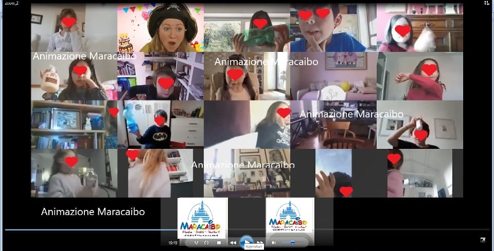Festa online bambini da casa festa virtuale a distanza festeggia in streaming internet web in chat quarantena covid con tutti i compagni